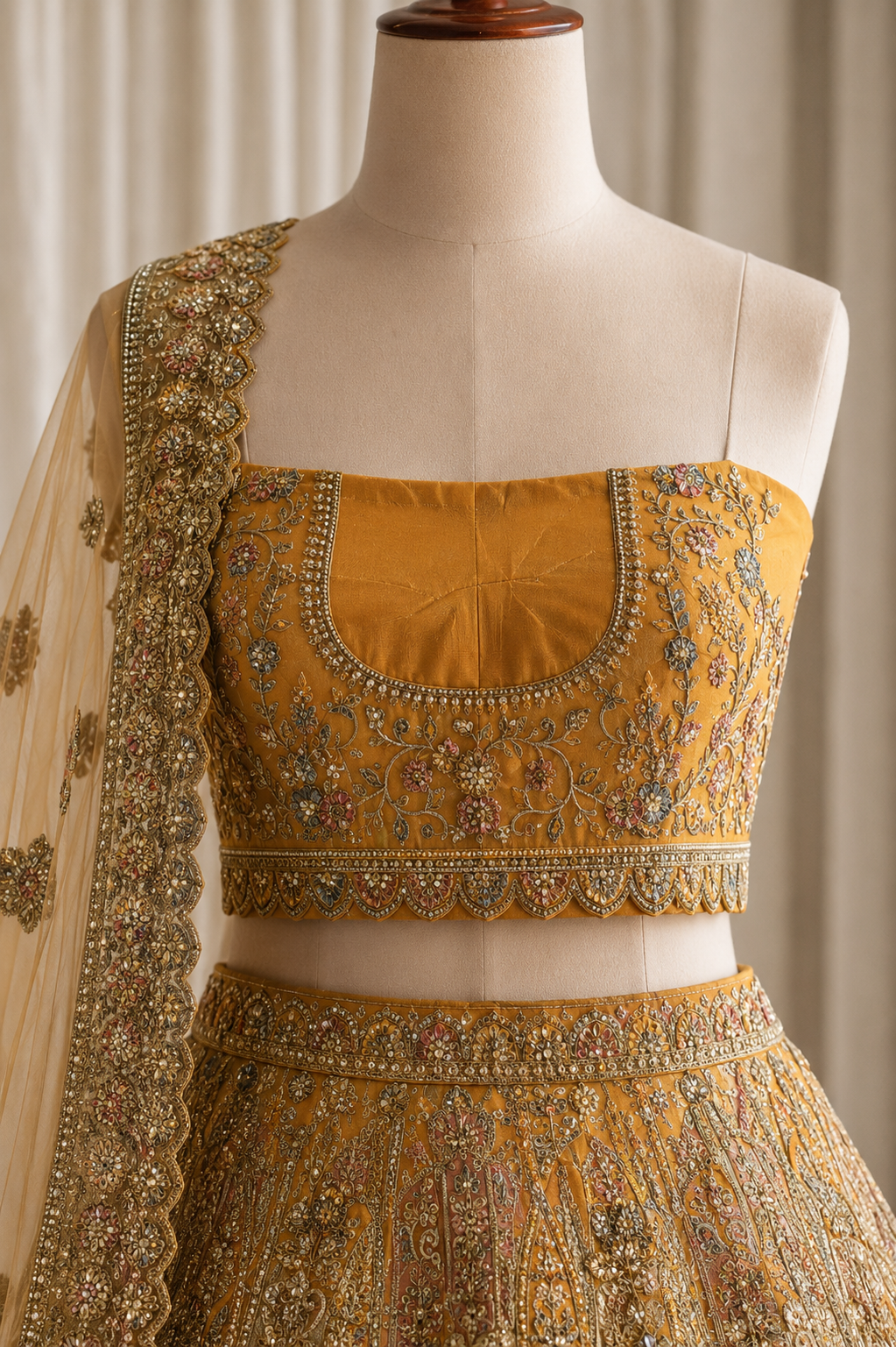 Activity Net Fabric and Mustard Color Kasab Work Lehenga Choli