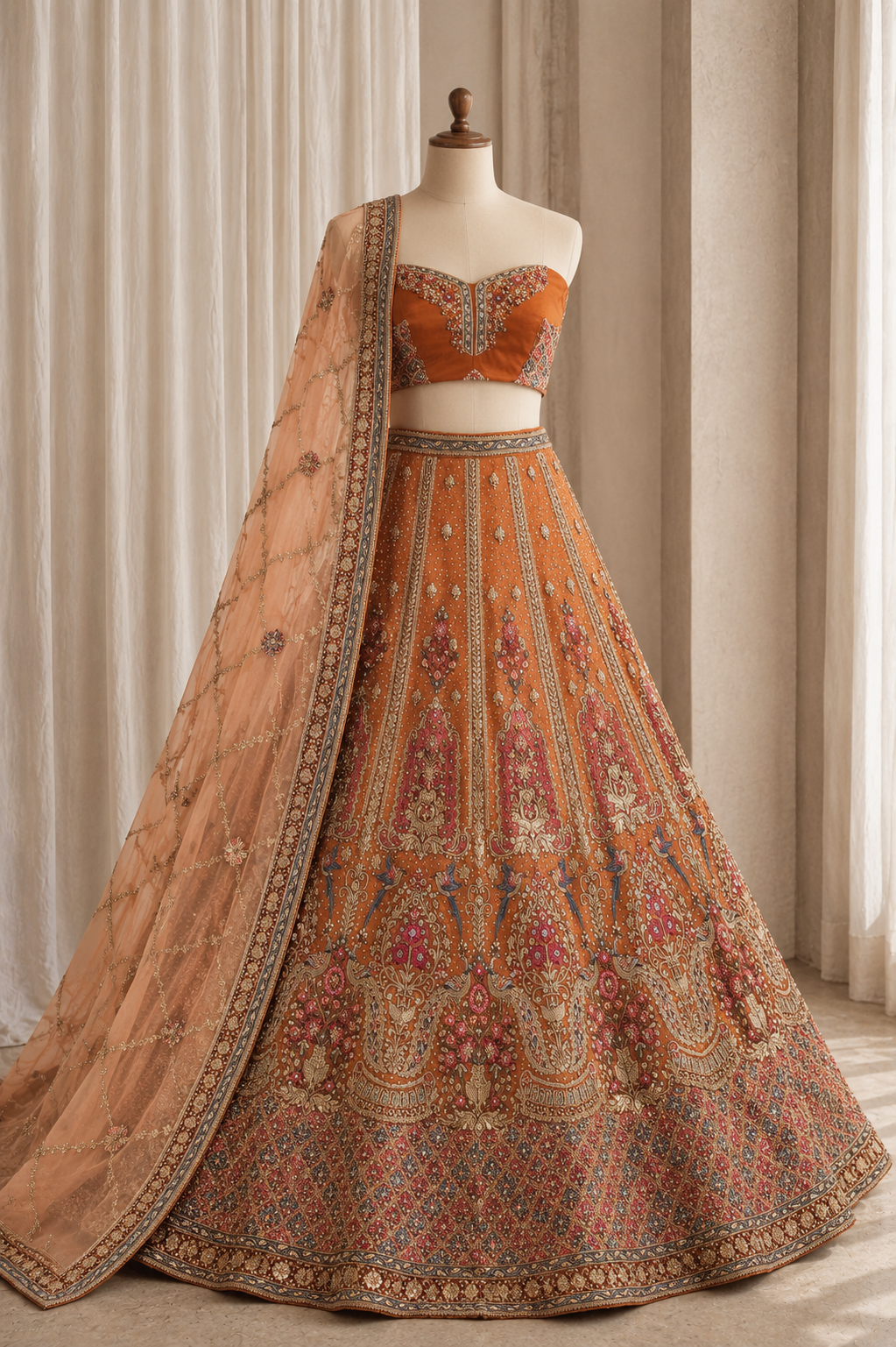 Beautifies Net Fabric and Rust Color Thread Work Lehenga Choli