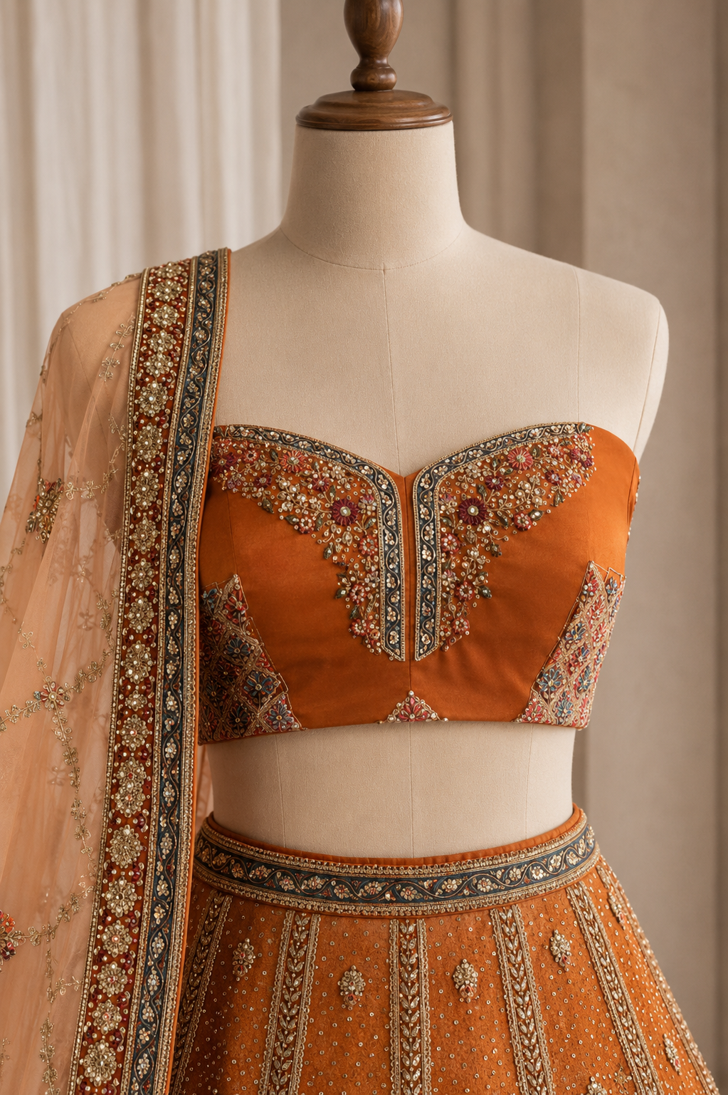 Beautifies Net Fabric and Rust Color Thread Work Lehenga Choli
