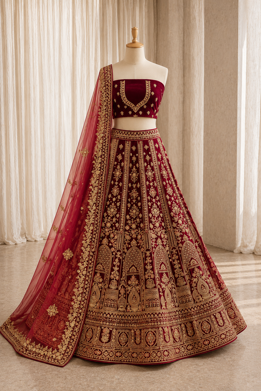 Traditional Velvet Fabric and Maroon Color Kasab Work Lehenga Choli