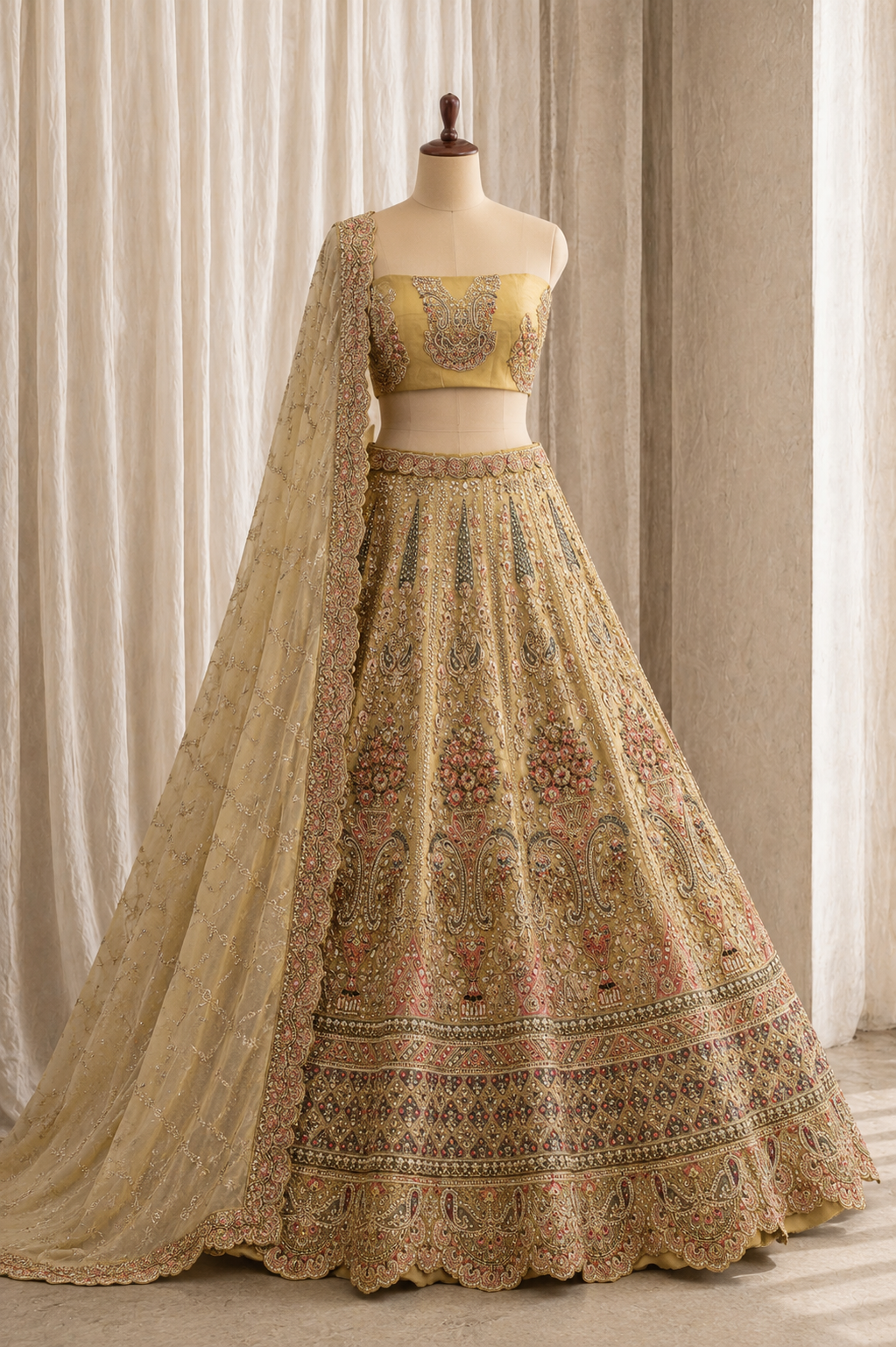 Classical Tissue Silk Fabric and Gold Color Thread Work Lehenga Choli