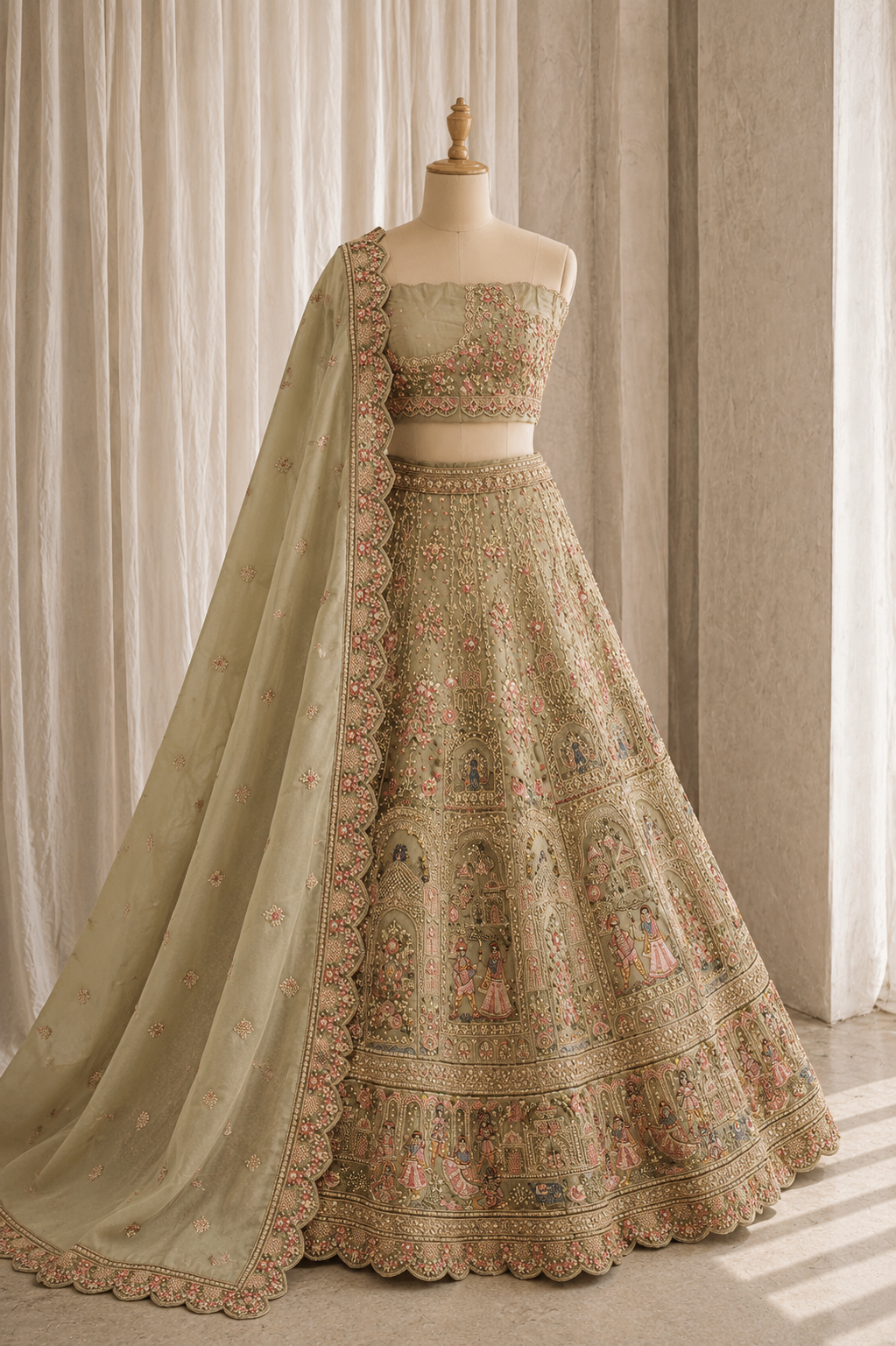 High-class Tissue Fabric and Pastel Green Color Kasab Work Lehenga Choli