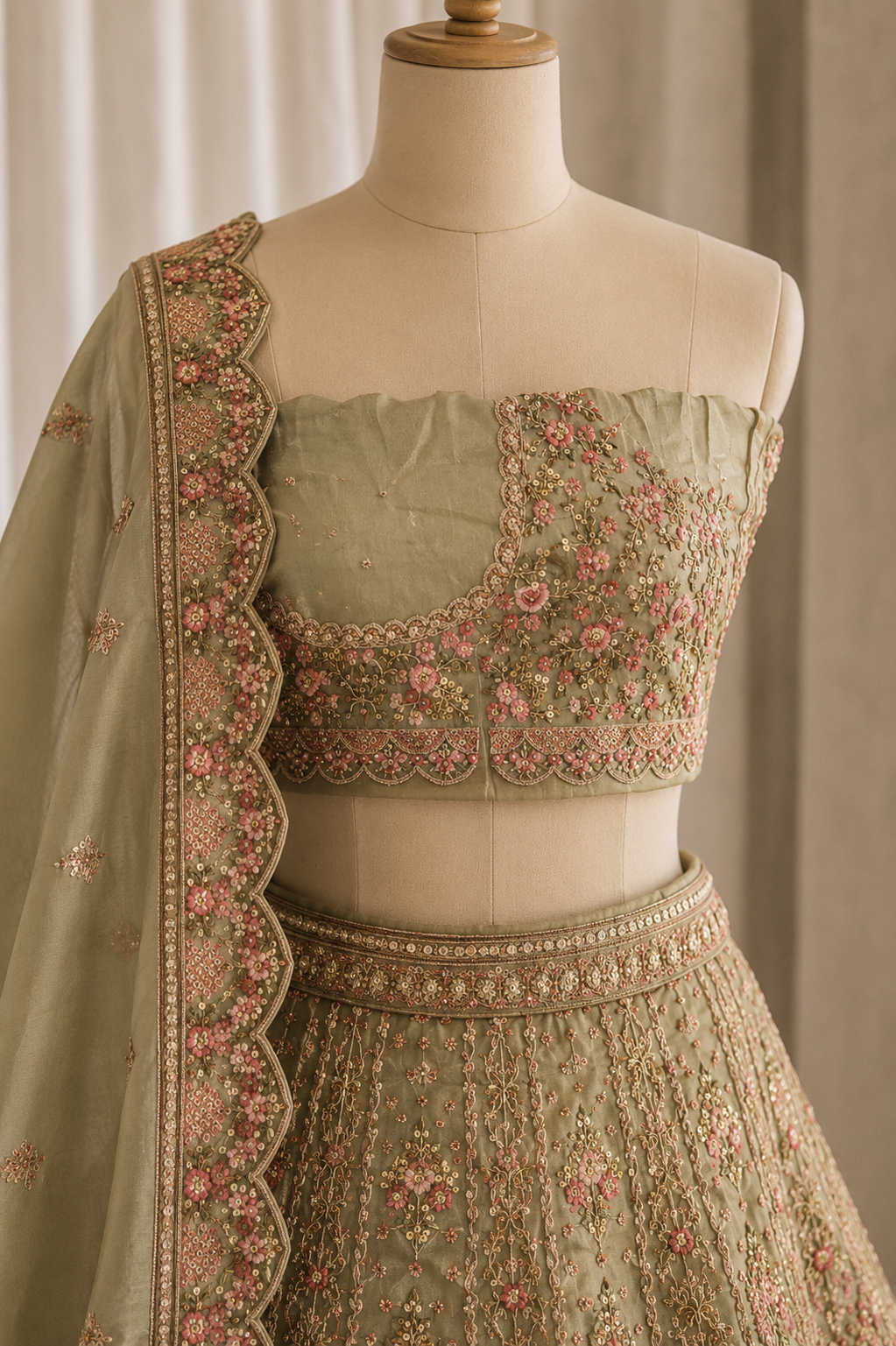 High-class Tissue Fabric and Pastel Green Color Kasab Work Lehenga Choli