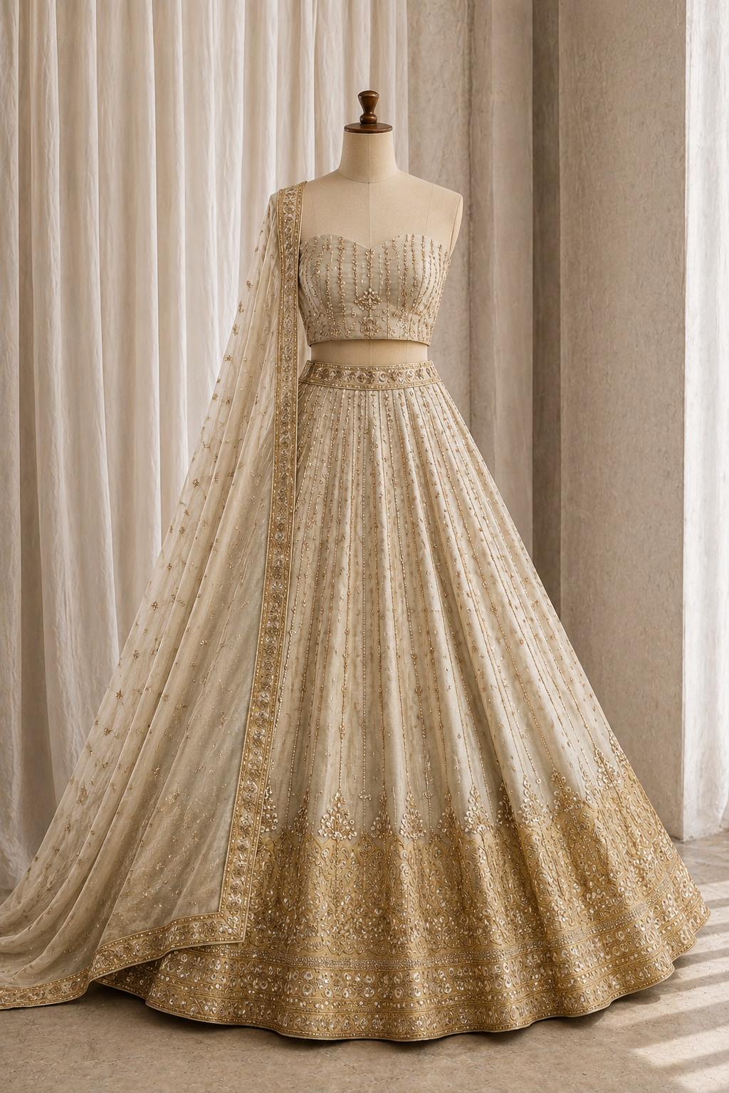 First-class Organza Fabric and Beige Color Cut Dana Work Lehenga Choli
