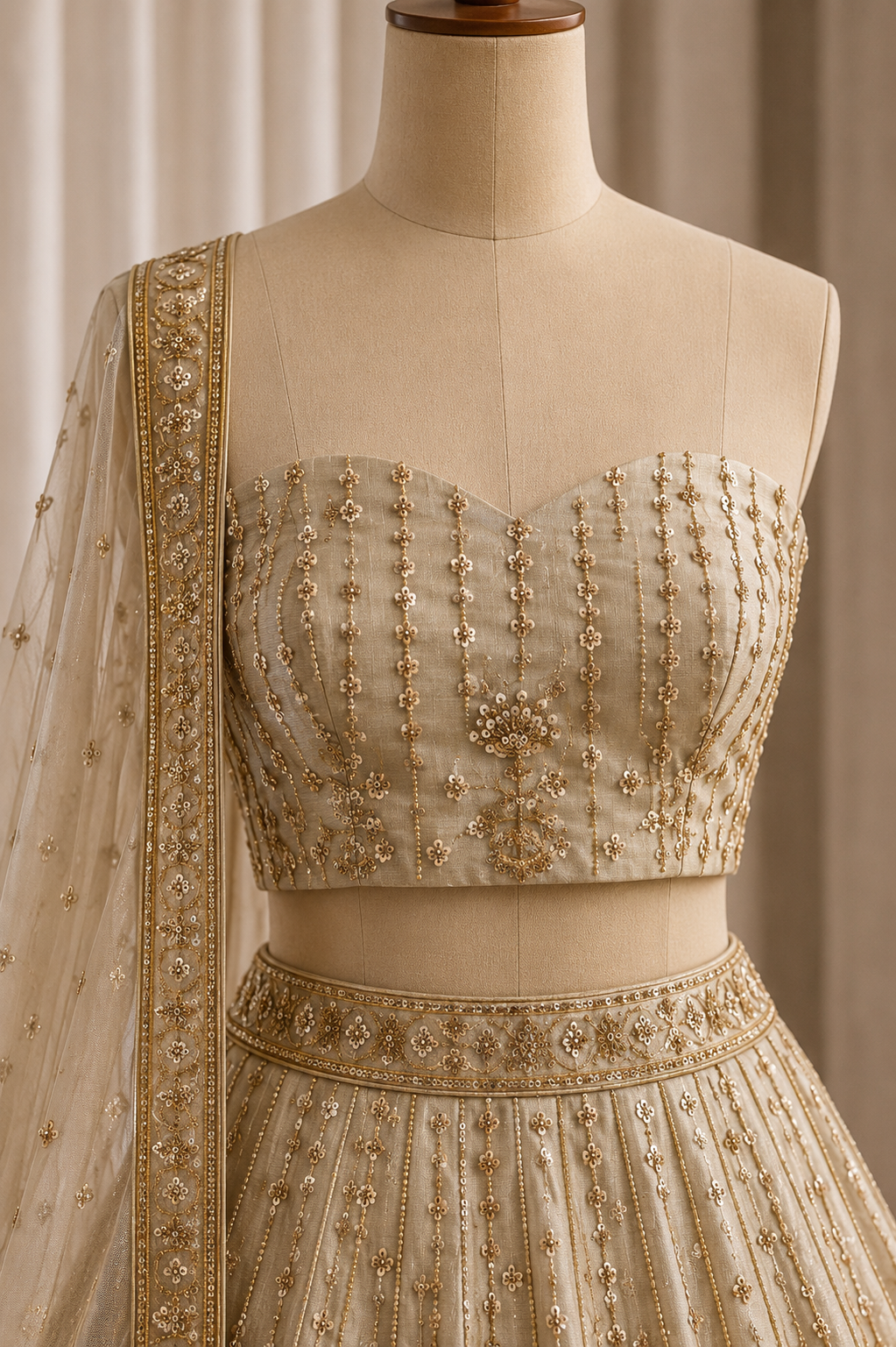 First-class Organza Fabric and Beige Color Cut Dana Work Lehenga Choli