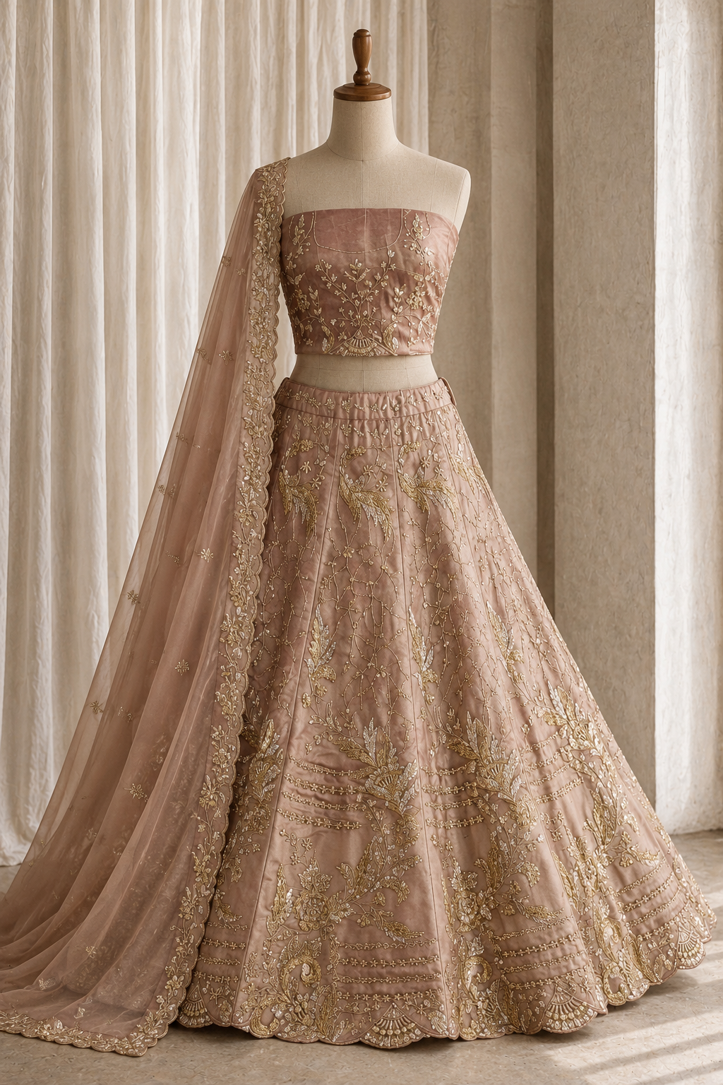 Famous Tissue Fabric and Rose Gold Color Zardozi Work Lehenga Choli