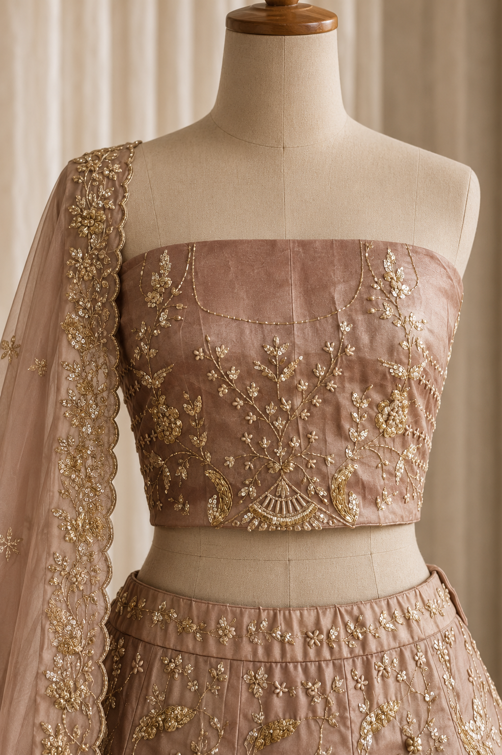 Famous Tissue Fabric and Rose Gold Color Zardozi Work Lehenga Choli