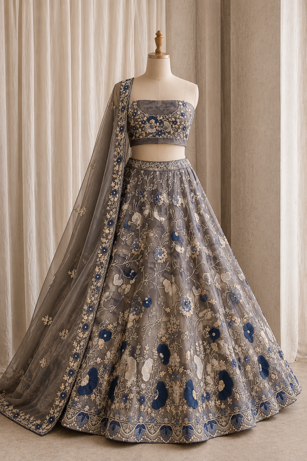 Classic Tissue Fabric and Grey Color Pearl Moti Work Lehenga Choli
