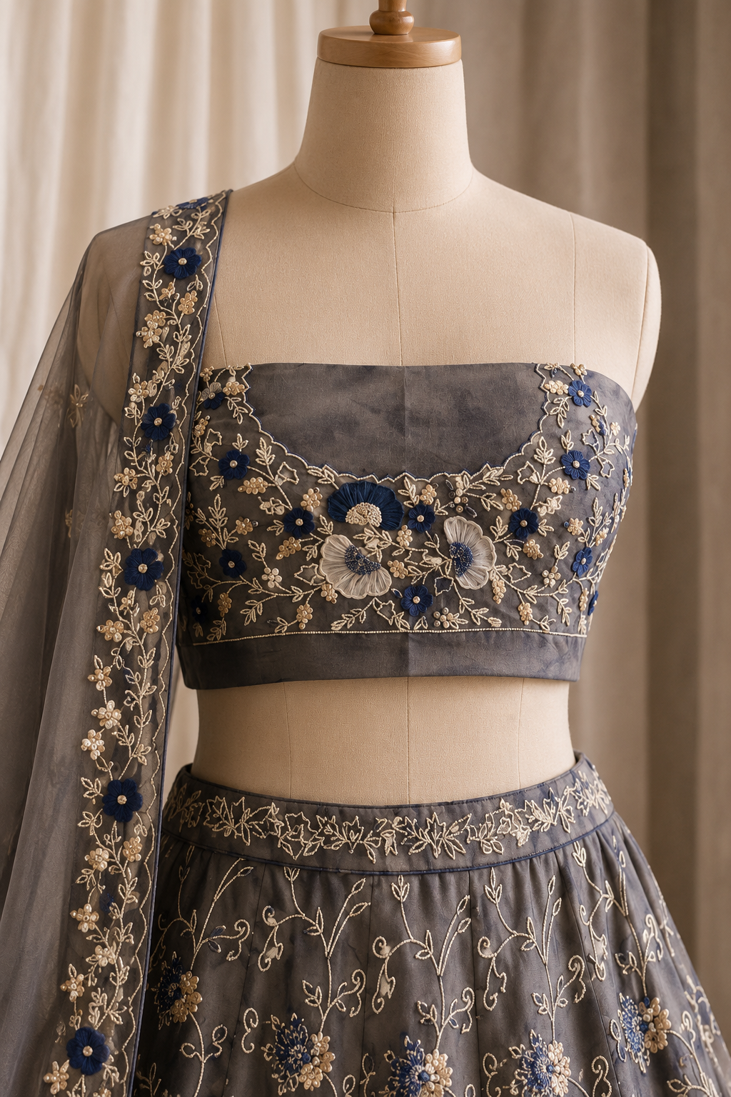 Classic Tissue Fabric and Grey Color Pearl Moti Work Lehenga Choli
