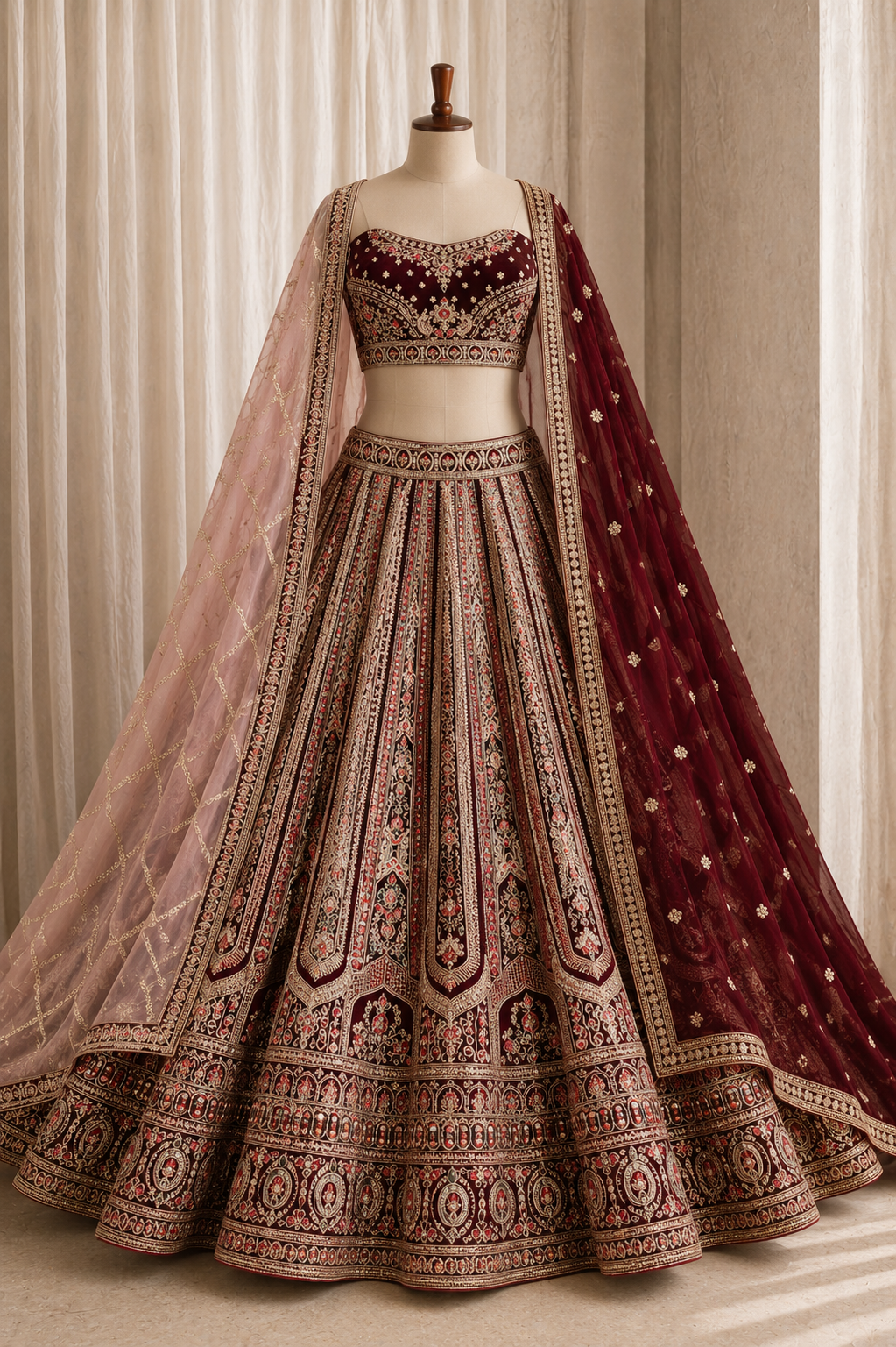 Fantastic Velvet Fabric and Maroon Color Kasab Work Two Dupatta Bridal Lehenga Choli