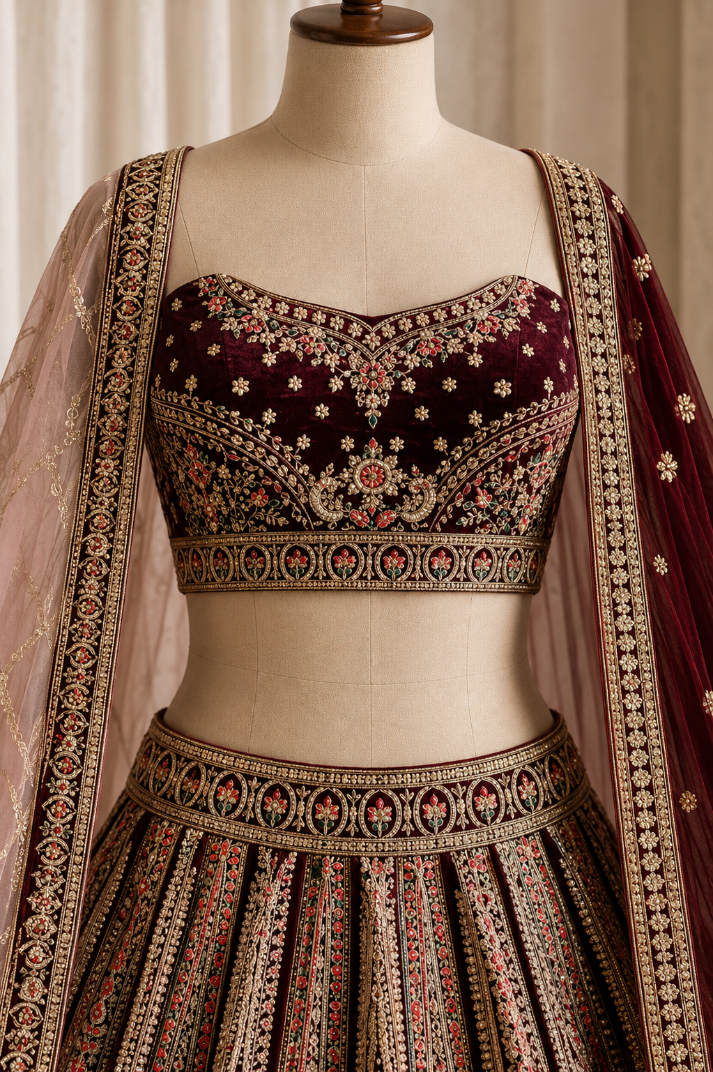 Fantastic Velvet Fabric and Maroon Color Kasab Work Two Dupatta Bridal Lehenga Choli