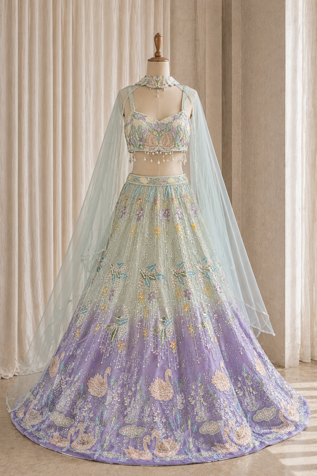 Wonderful Sea Green Color And Shimmer Silk Fabric With PDP Work Lehenga Choli