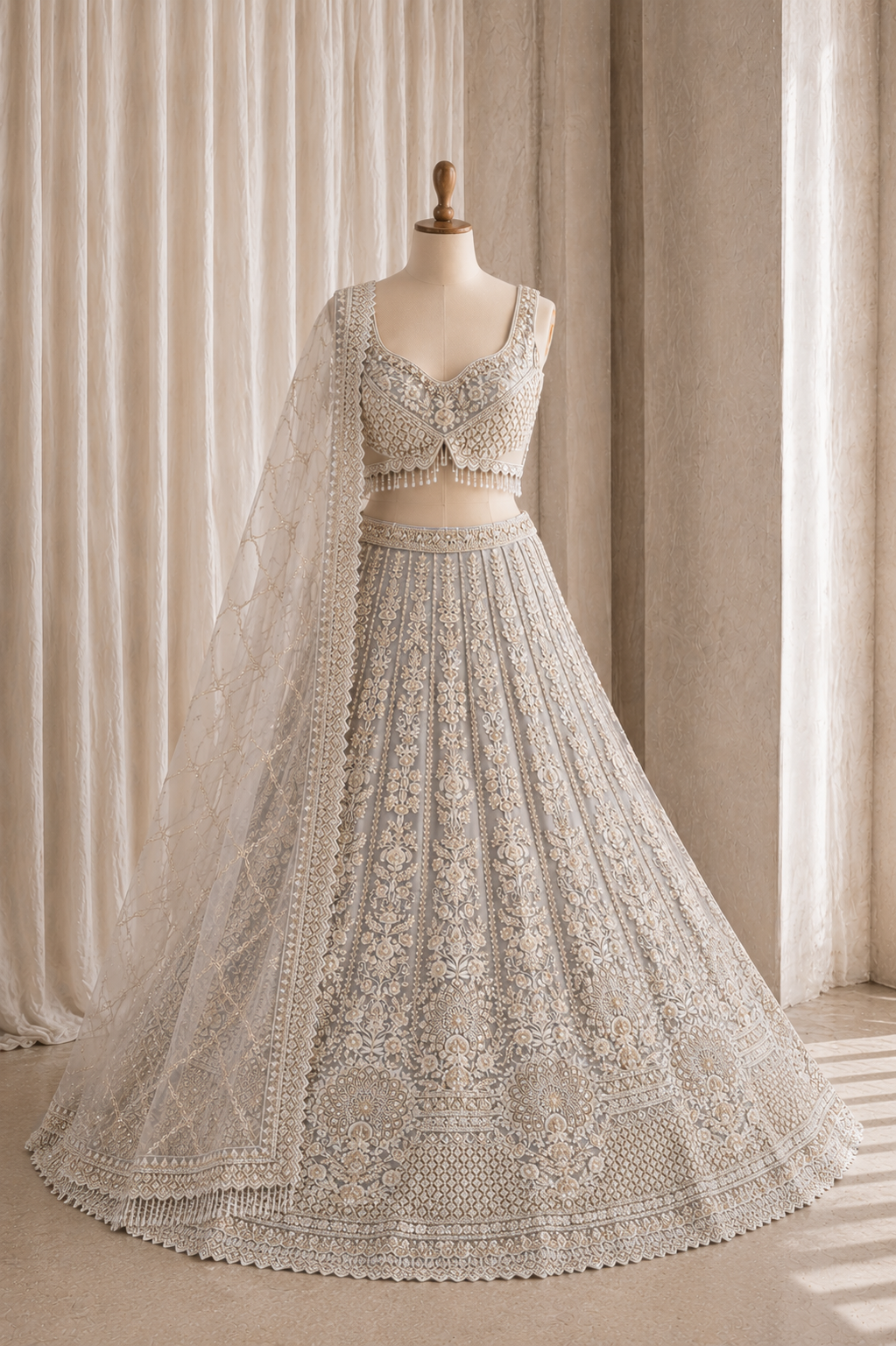 Brilliant Grey Color And Soft Net Fabric With Trendy Work Lehenga Choli
