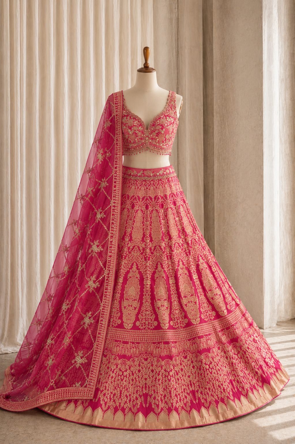 Trendy Rani Color And Brocade Silk Fabric With Thread Work Style Lehenga Choli