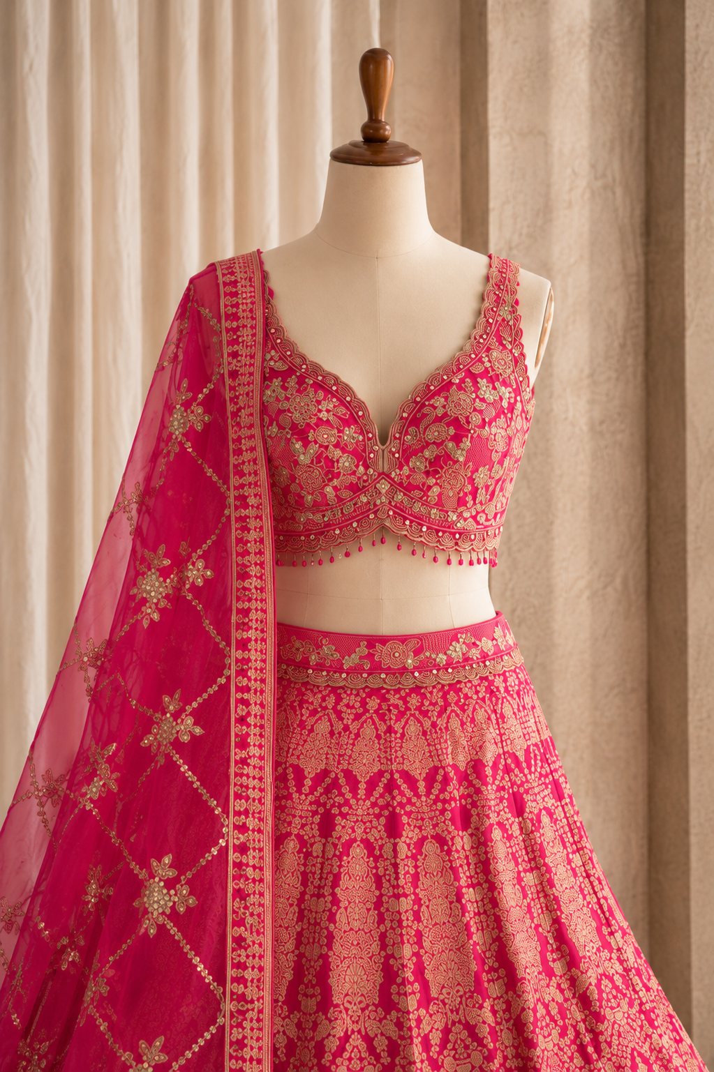 Trendy Rani Color And Brocade Silk Fabric With Thread Work Style Lehenga Choli