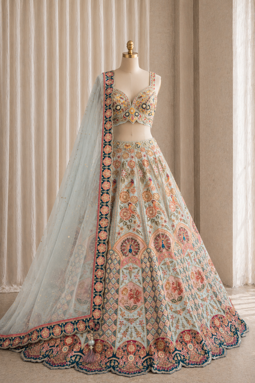 Beautiful Sea Green Color And Dupion Silk Fabric With Zardozi Work Style Lehenga Choli