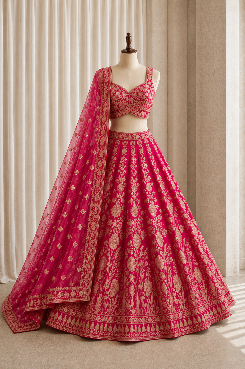 Beautiful Rani Color And Banarasi Silk Fabric With Kasab Work Style Lehenga Choli