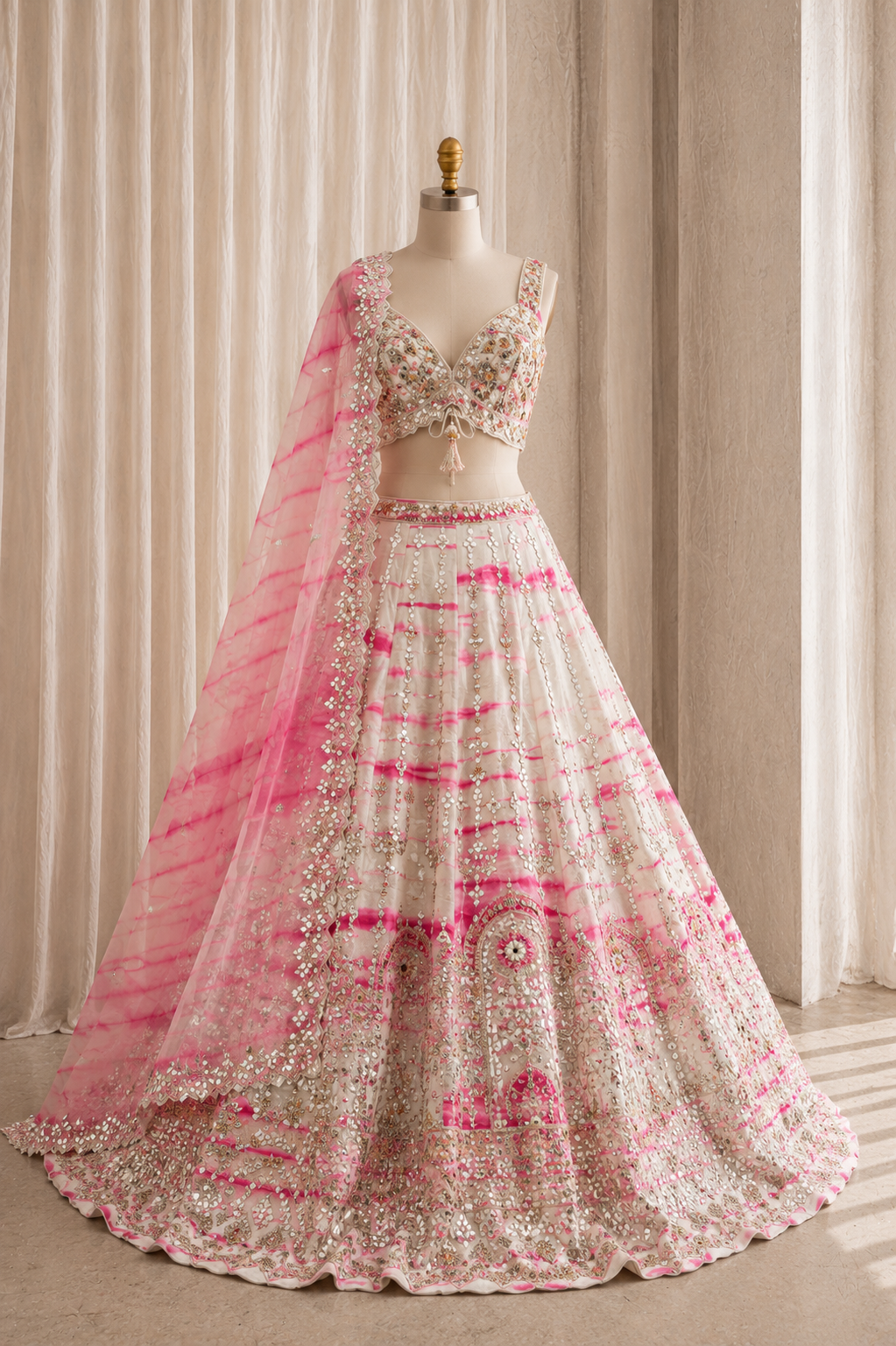 Radiance Off White Color And Dupion Silk Fabric With Mirror Work Style Lehenga Choli