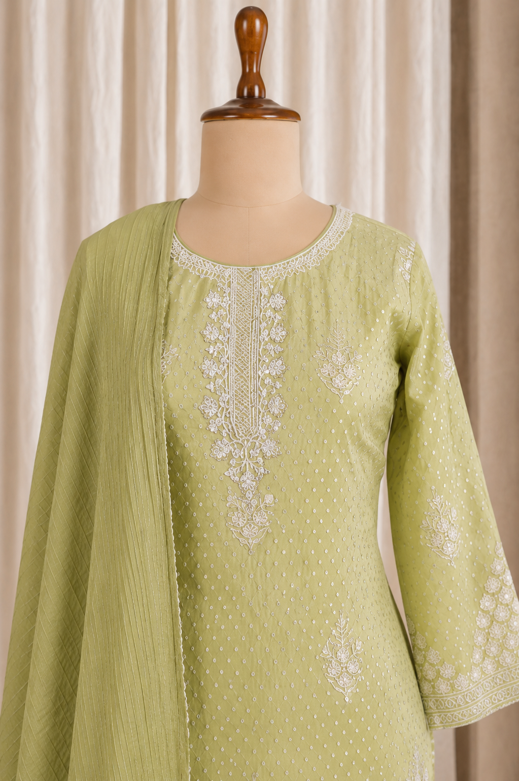 Divine Pista Green Color and Banarasi Fabric Cut Dana Work Pant Style Suits