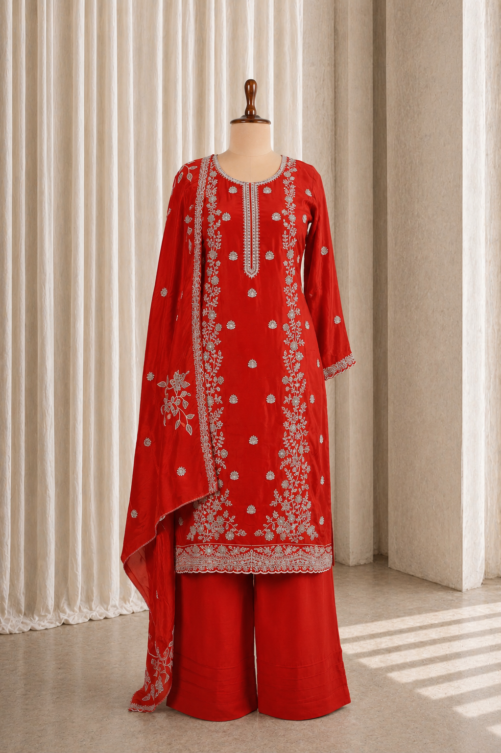 Glossy Rust Color and Crepe Silk Cut Dana Work Palazzo Suits