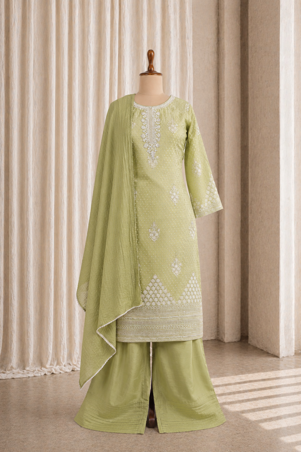 Divine Pista Green Color and Banarasi Fabric Cut Dana Work Pant Style Suits