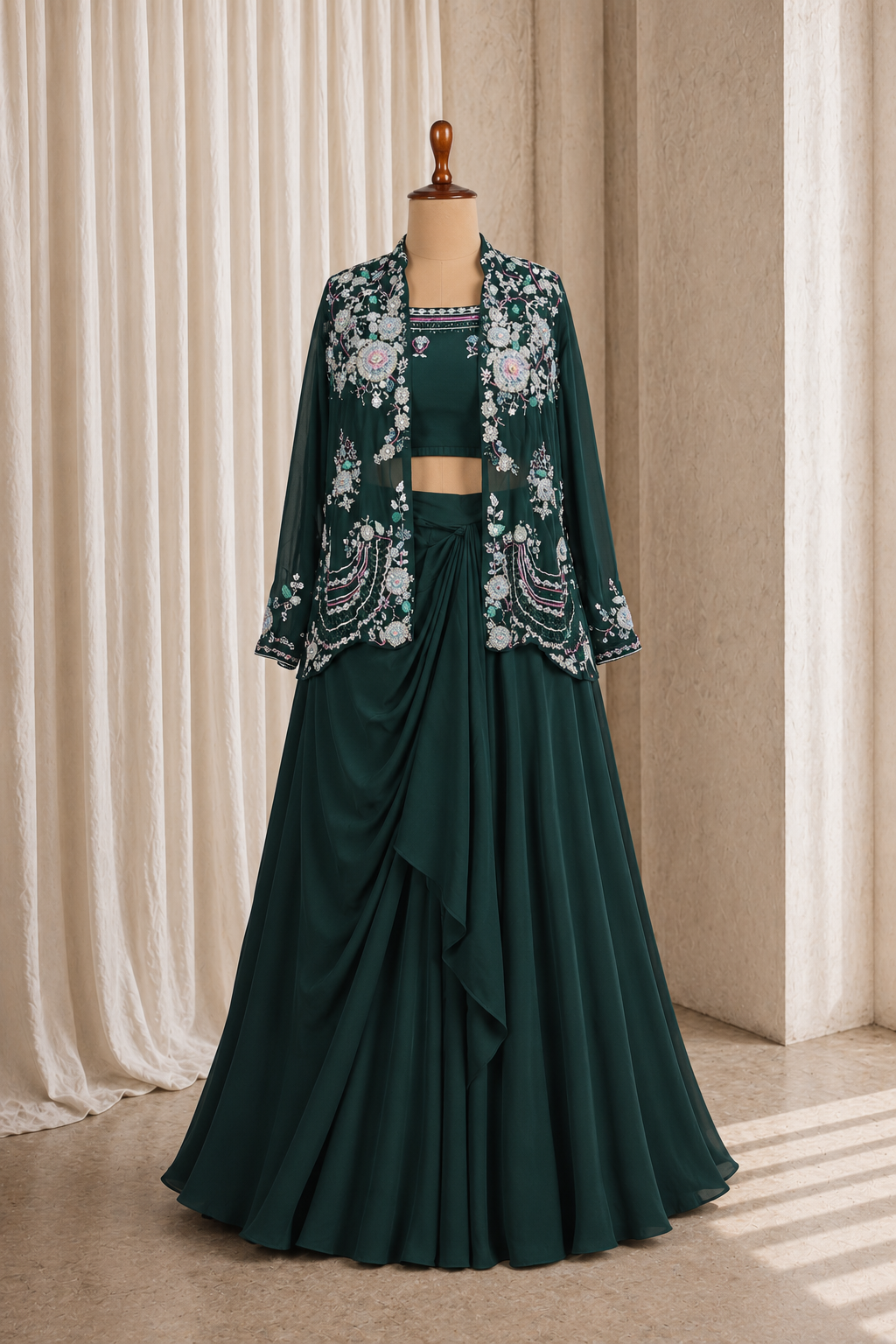 Fabulous Bottle Green Color and Crepe Fabric Sequins Work Palazzo Style Suits