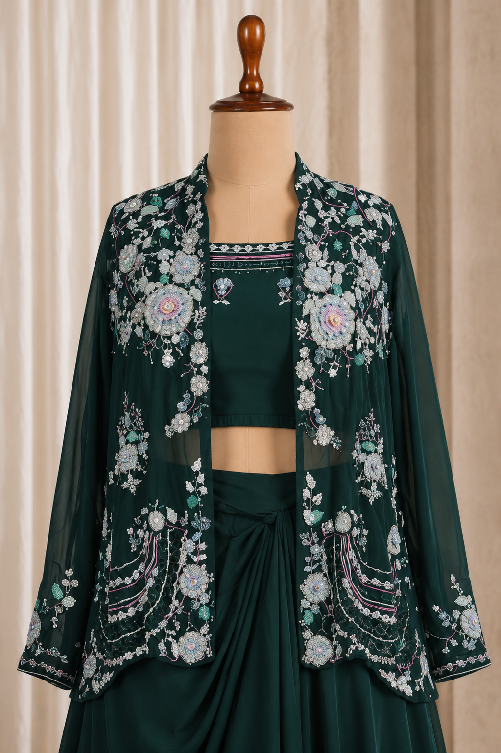 Fabulous Bottle Green Color and Crepe Fabric Sequins Work Palazzo Style Suits