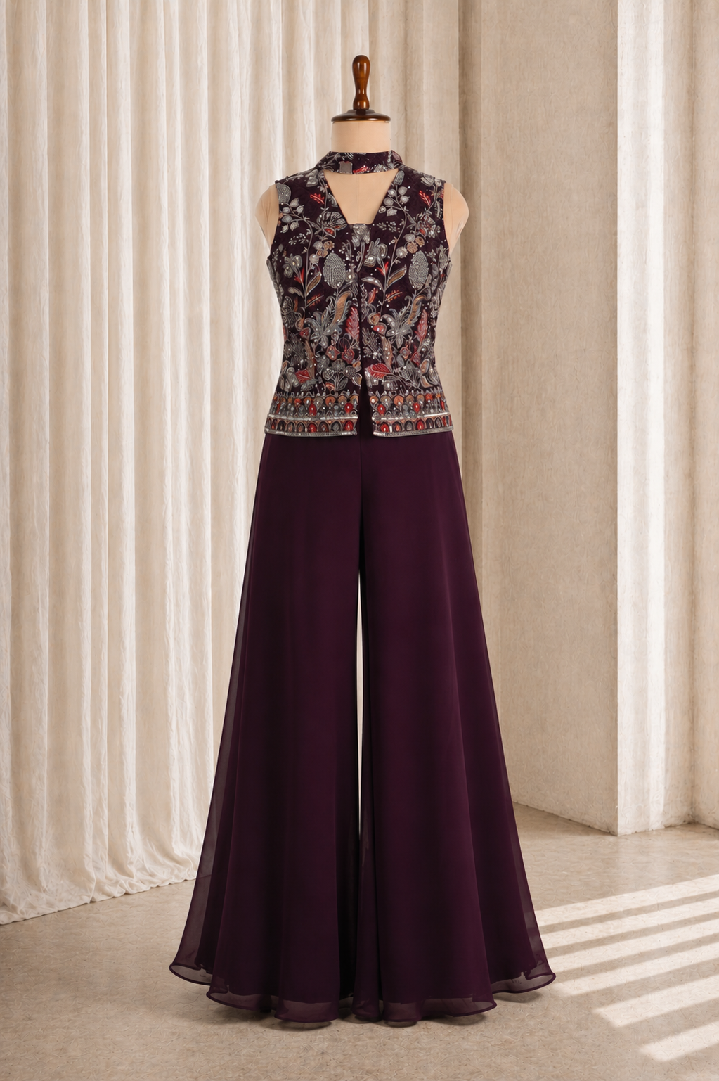 Captivating Wine Color and Georgette Fabric Thread Work Style Suits