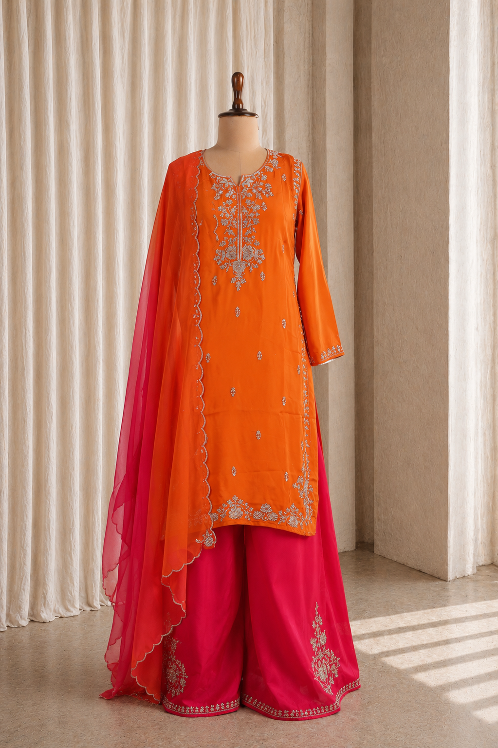 Wonderful  Orange Color and Crepe Fabric Sequins Work Style Suits