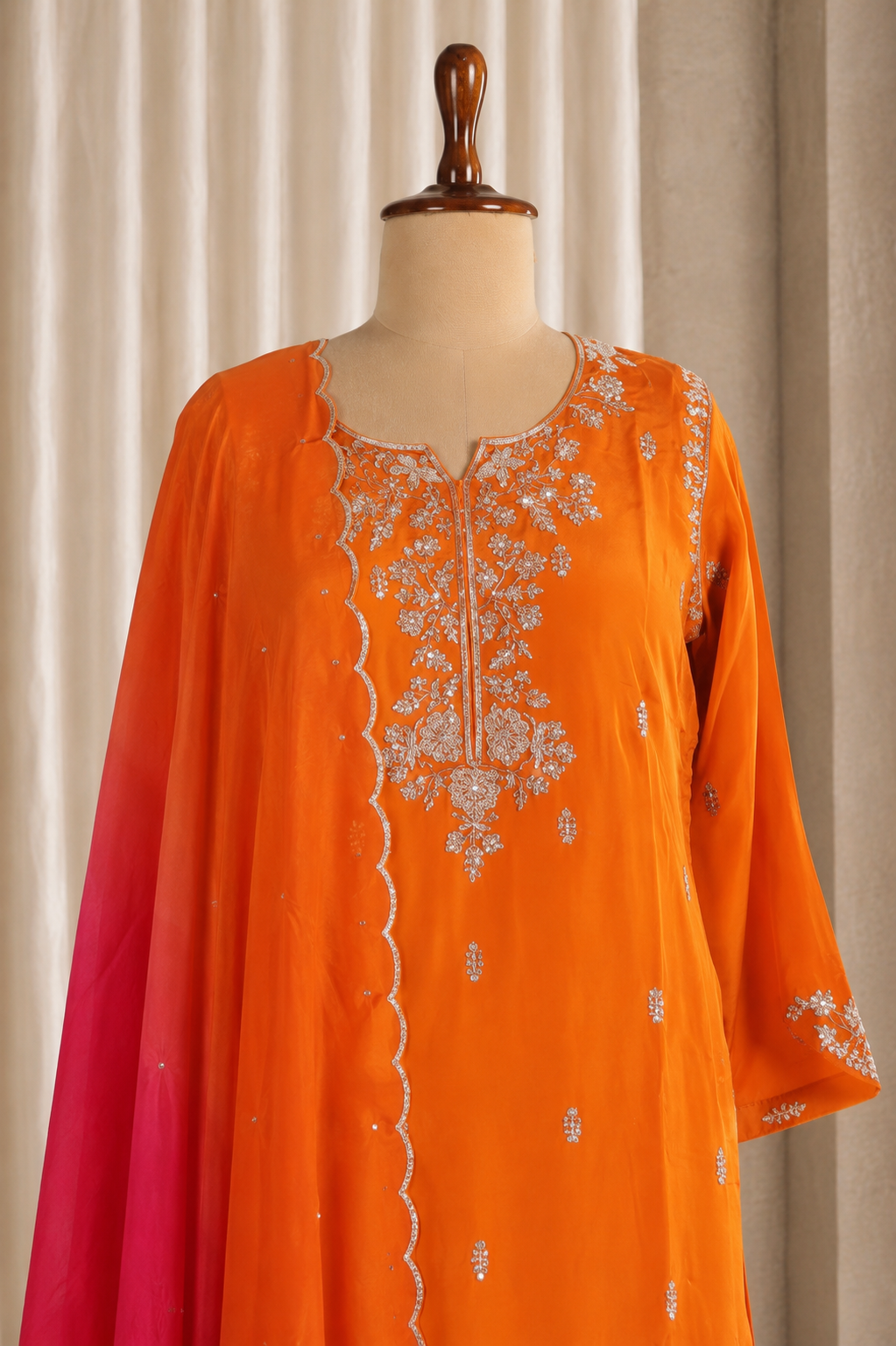 Wonderful  Orange Color and Crepe Fabric Sequins Work Style Suits