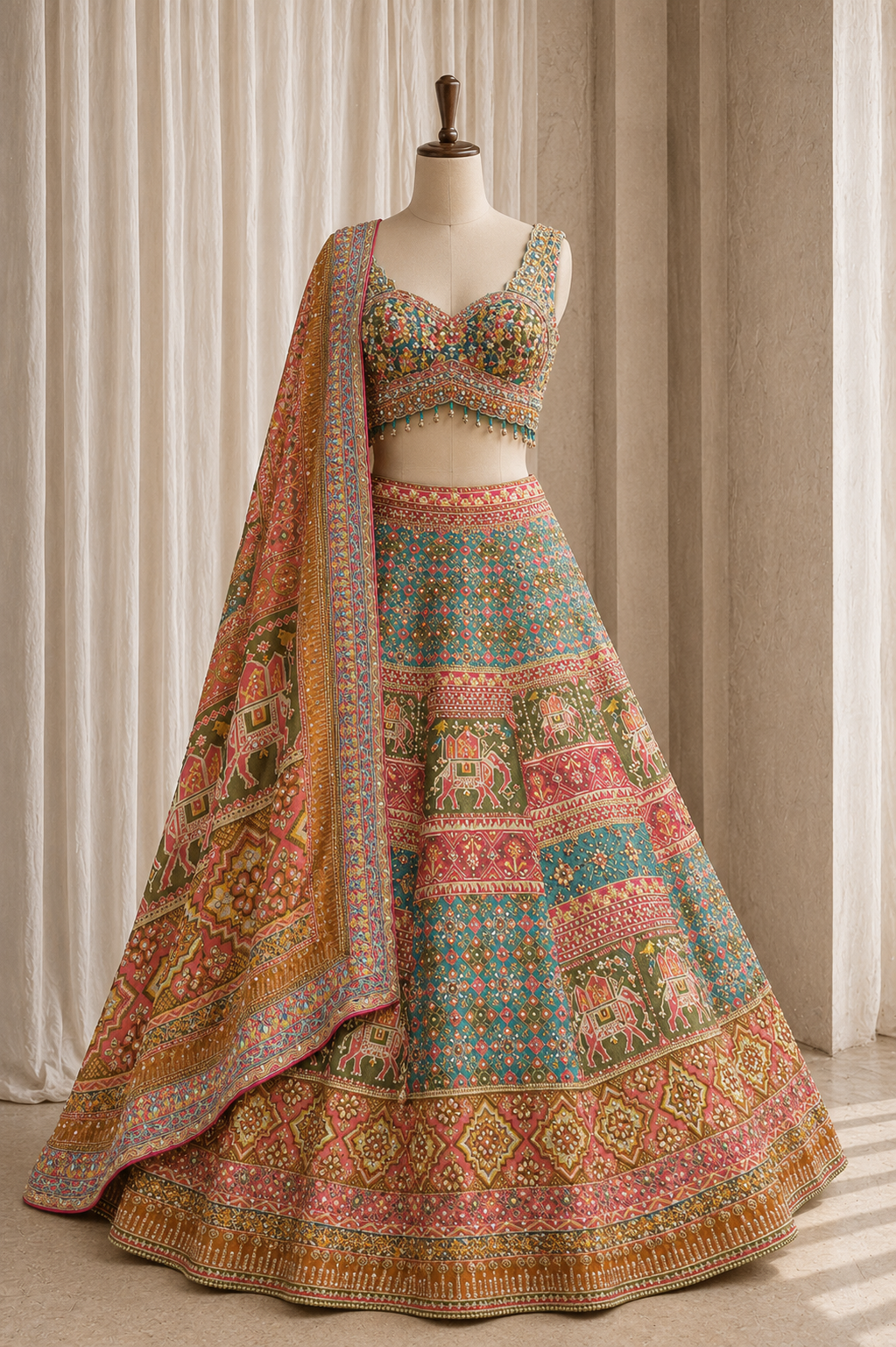 Fantastic Melty Green Color and Shimmer Silk Mirror Work Lehenga Choli