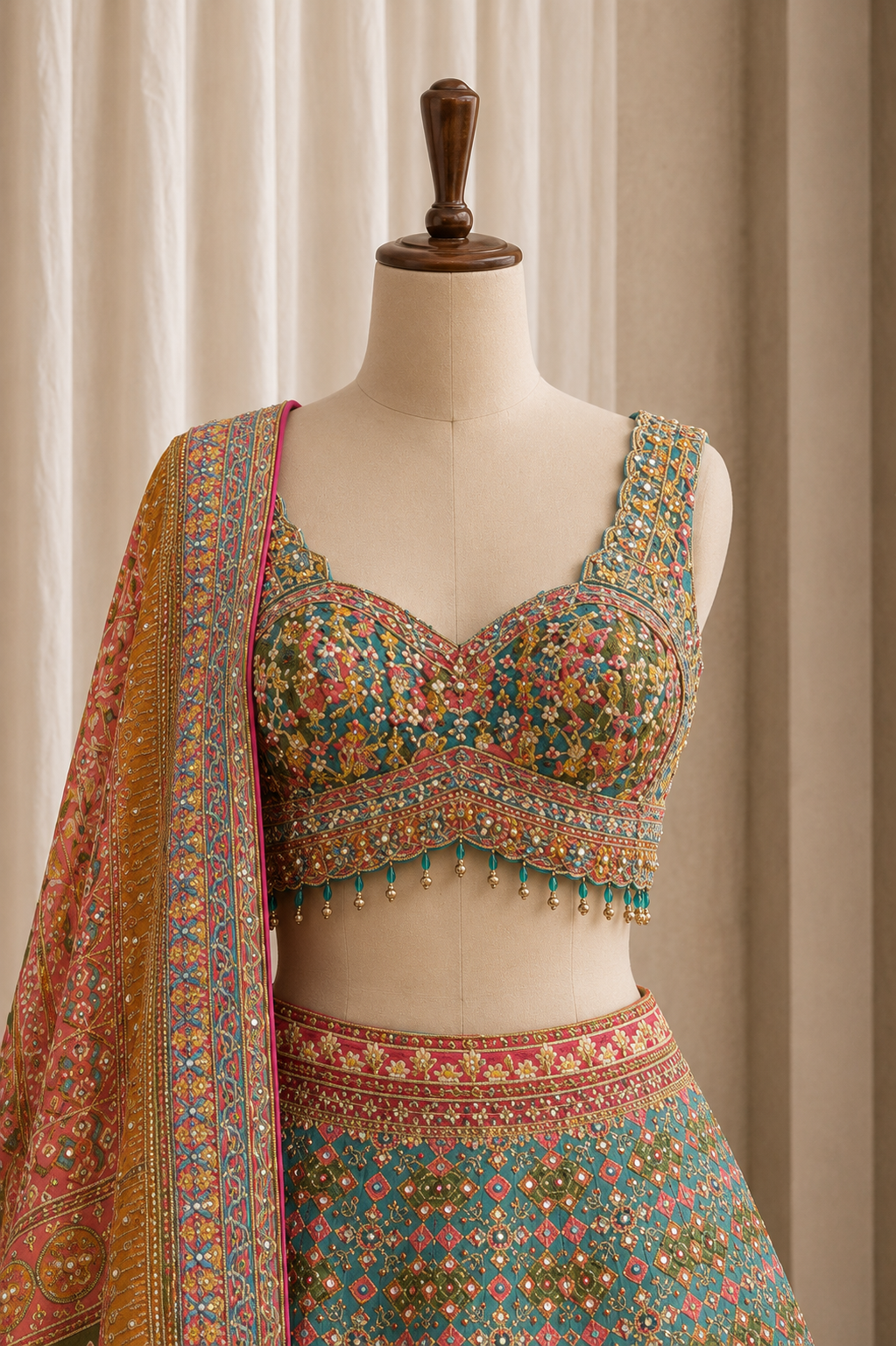 Fantastic Melty Green Color and Shimmer Silk Mirror Work Lehenga Choli