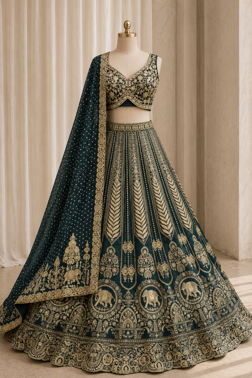 Elegant Dark Green Color and Brocade Silk Zari Work Lehenga Choli