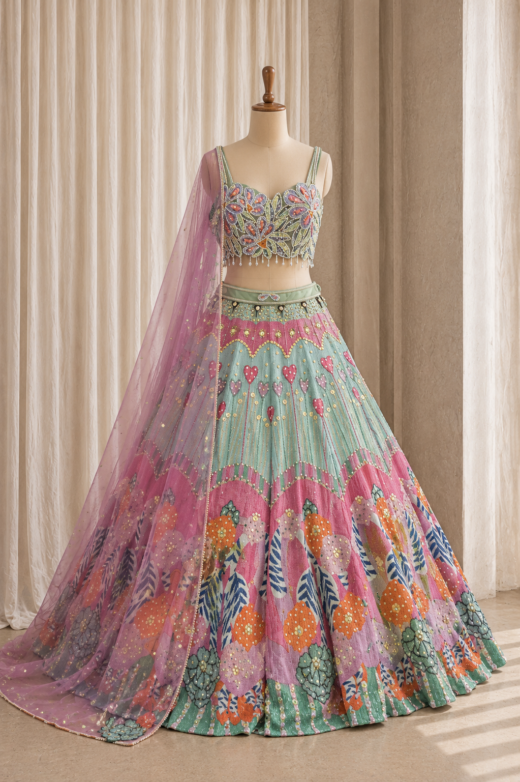 Elegant Pista Green Color and Georgette Fabric PDP Work Lehenga Choli