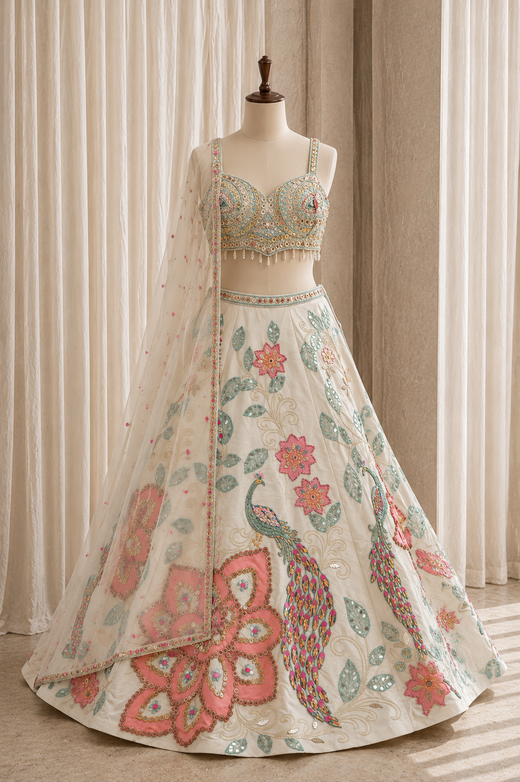Gorgeousness Off White Color and Dupion Silk Fabric Peal Work Lehenga Choli