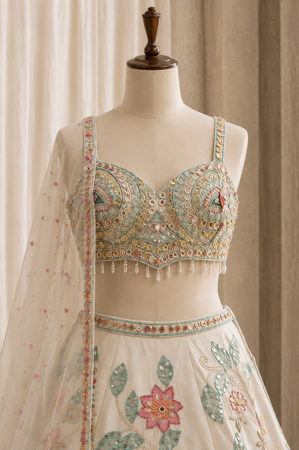 Gorgeousness Off White Color and Dupion Silk Fabric Peal Work Lehenga Choli