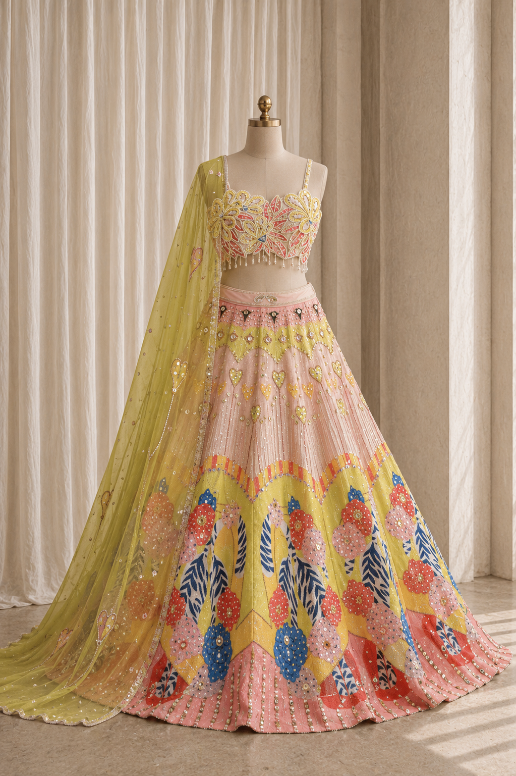 Stunning Pink And Lime Green Color and Georgette Fabric Peal Work Lehenga Choli