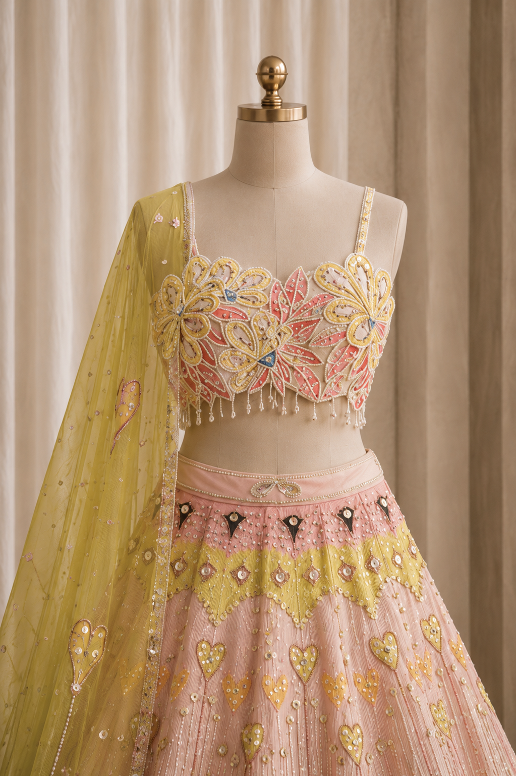 Stunning Pink And Lime Green Color and Georgette Fabric Peal Work Lehenga Choli