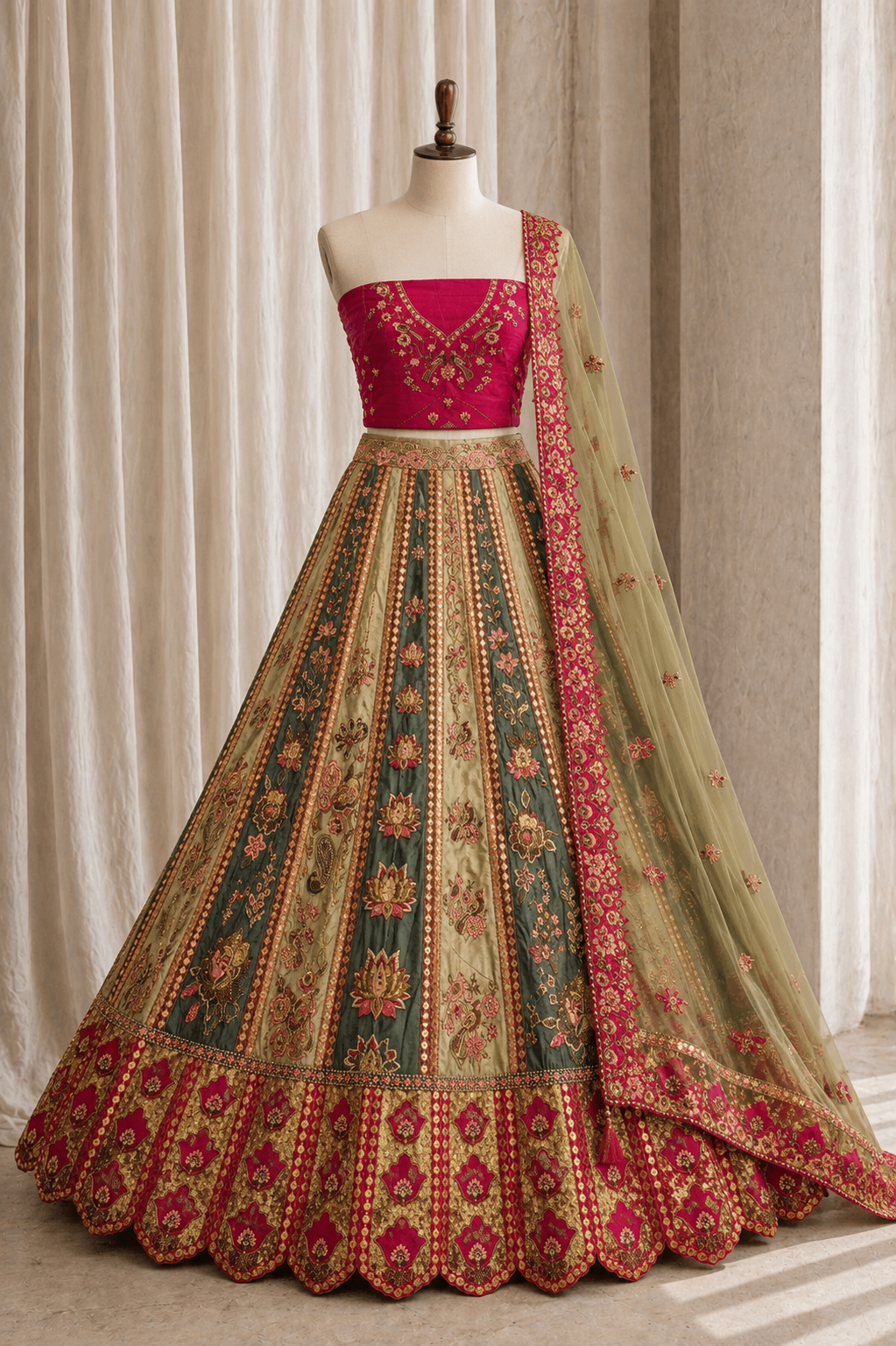 Trendy Green Color And Brocade Fabric With Sequins Work with Unstitch Lehenga