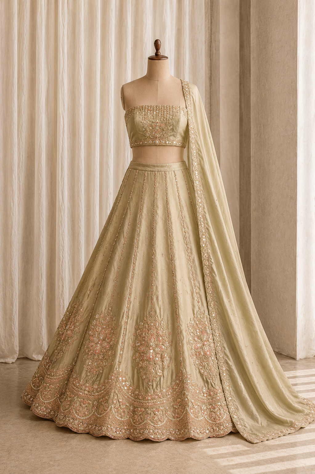 Classy Beige Color And Tissue Fabric With Diamond Work with Unstitch Lehenga
