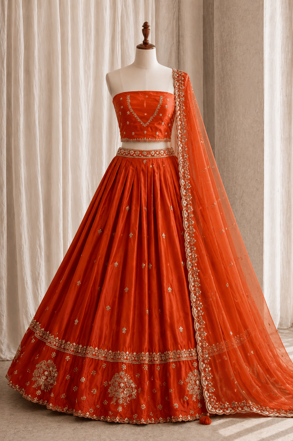 Fantastic Orange Color And Georgette Fabric With Moti Work with Unstitch Lehenga