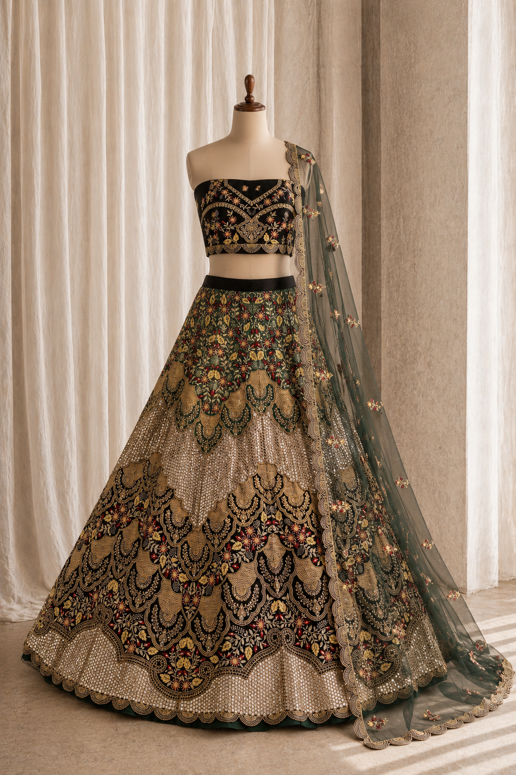 Fantastic Green Color And Silk Fabric With Dori Work with Unstitch Lehenga
