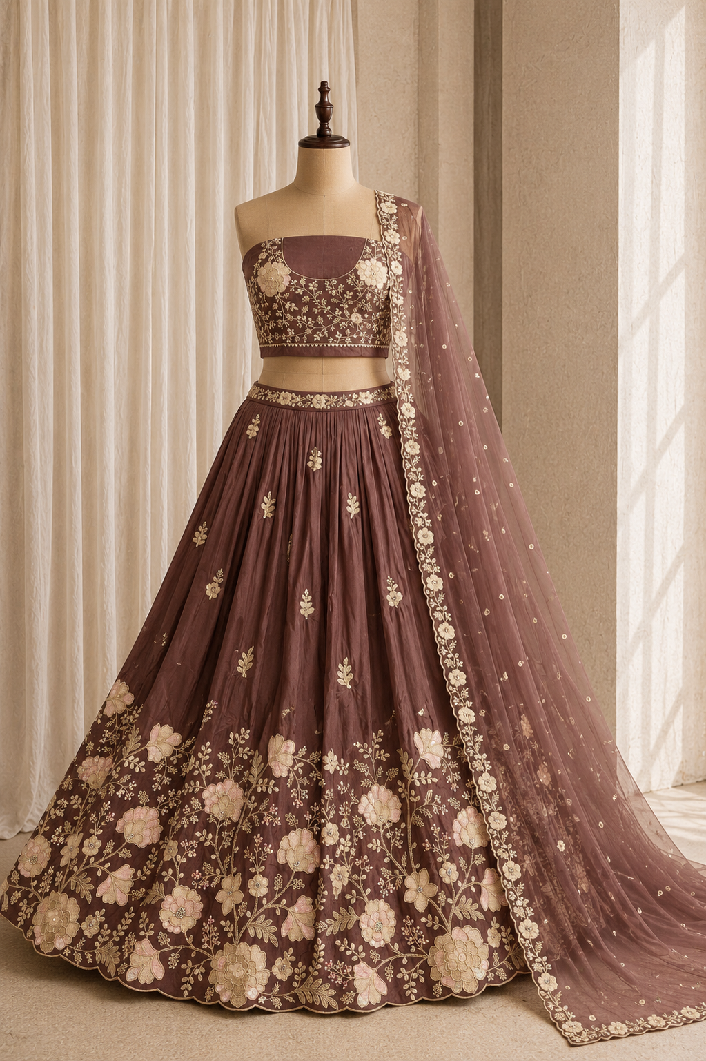 Radiance Rose Gold Color And Satin Fabric With Sequins Work with Lehenga