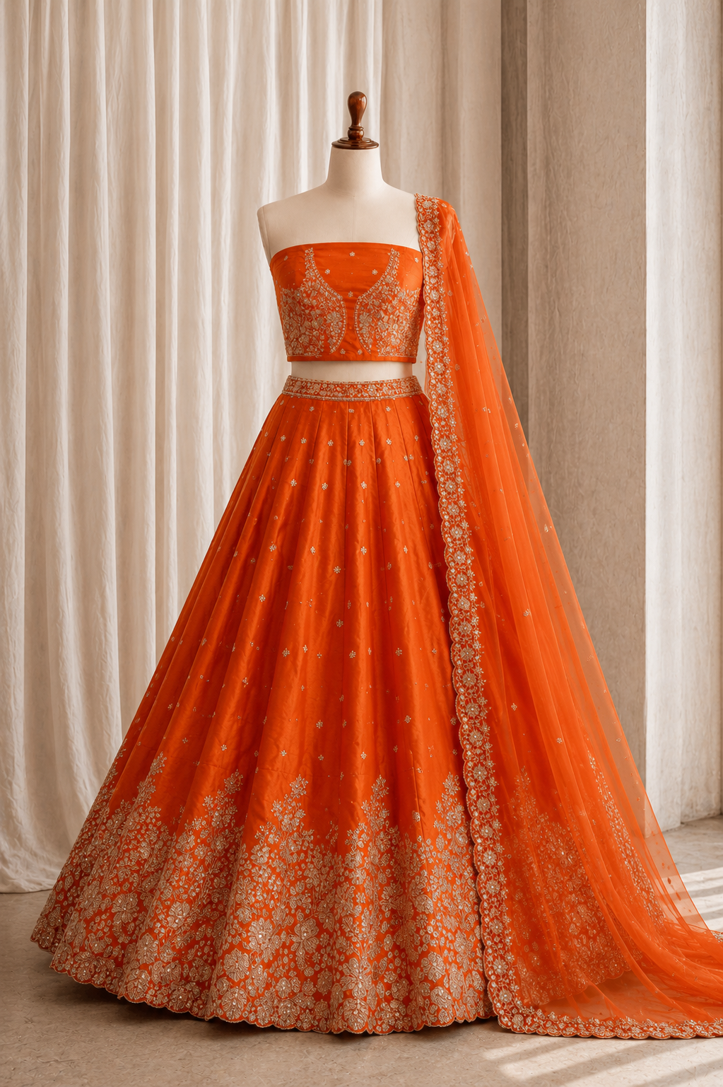 Rust Color And Georgette Fabric With Cut Dana Work with Lehenga