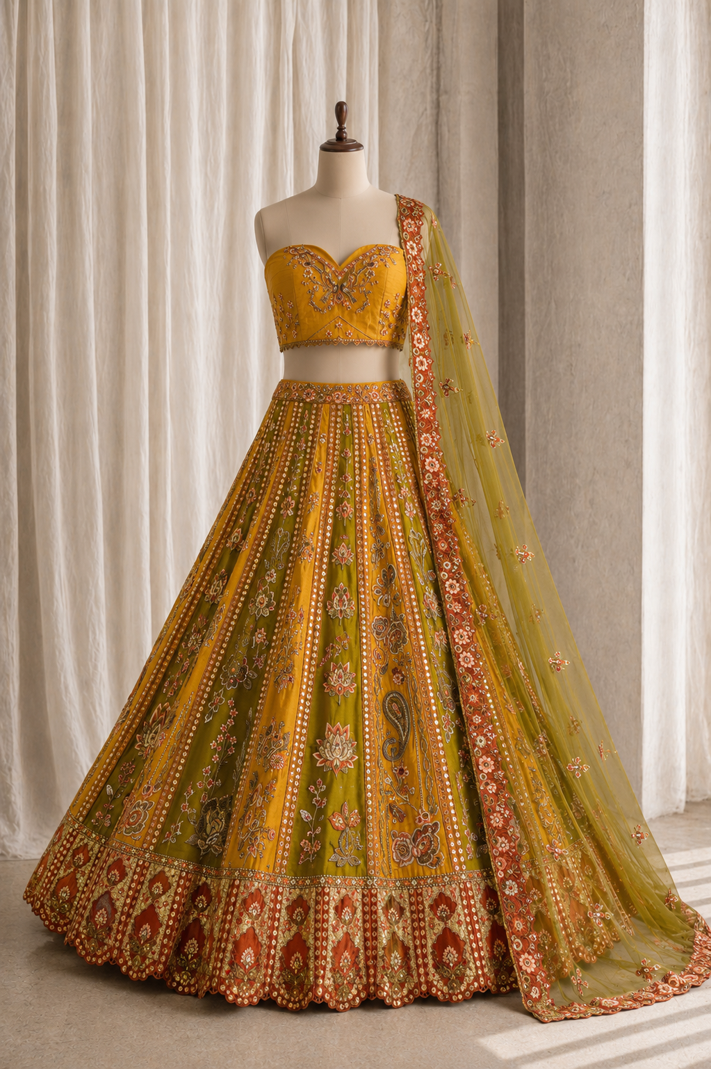 Rust Color And Brocade Silk Fabric With Thread Work Lehenga