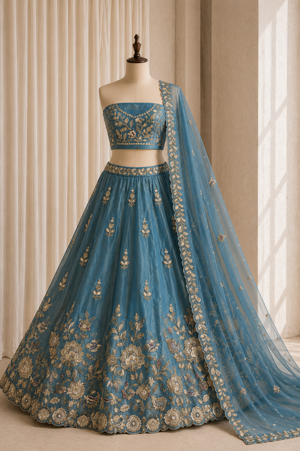 Ravishing Rama Color And Tissue Silk Fabric With Kasab Work Lehenga