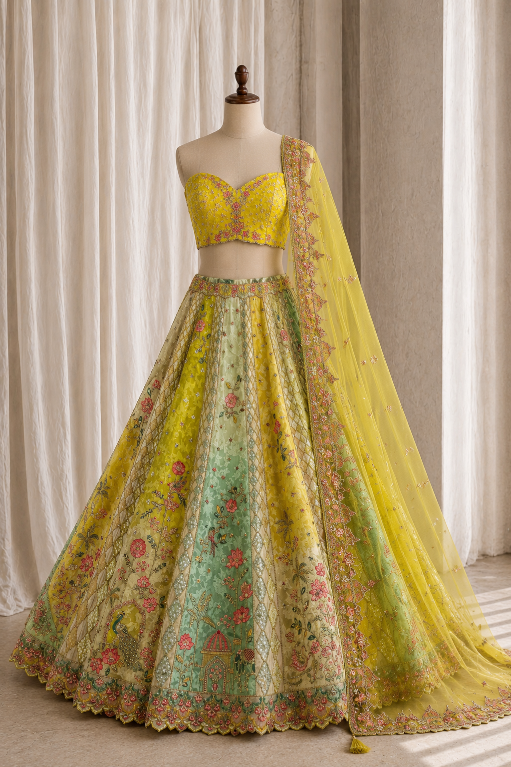 Elegant Green Color And Banarasi Fabric With Applice Work Lehenga
