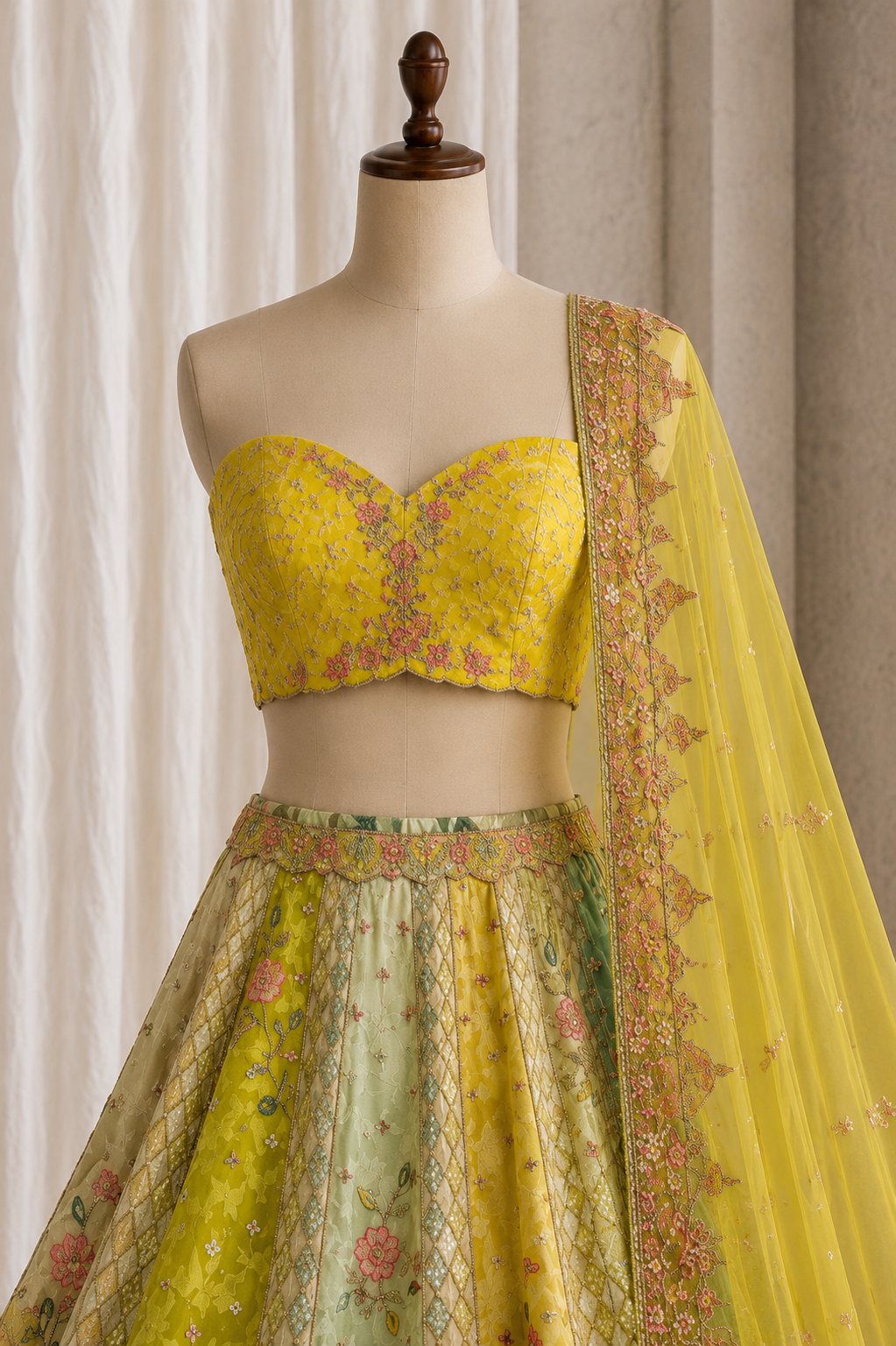 Elegant Green Color And Banarasi Fabric With Applice Work Lehenga
