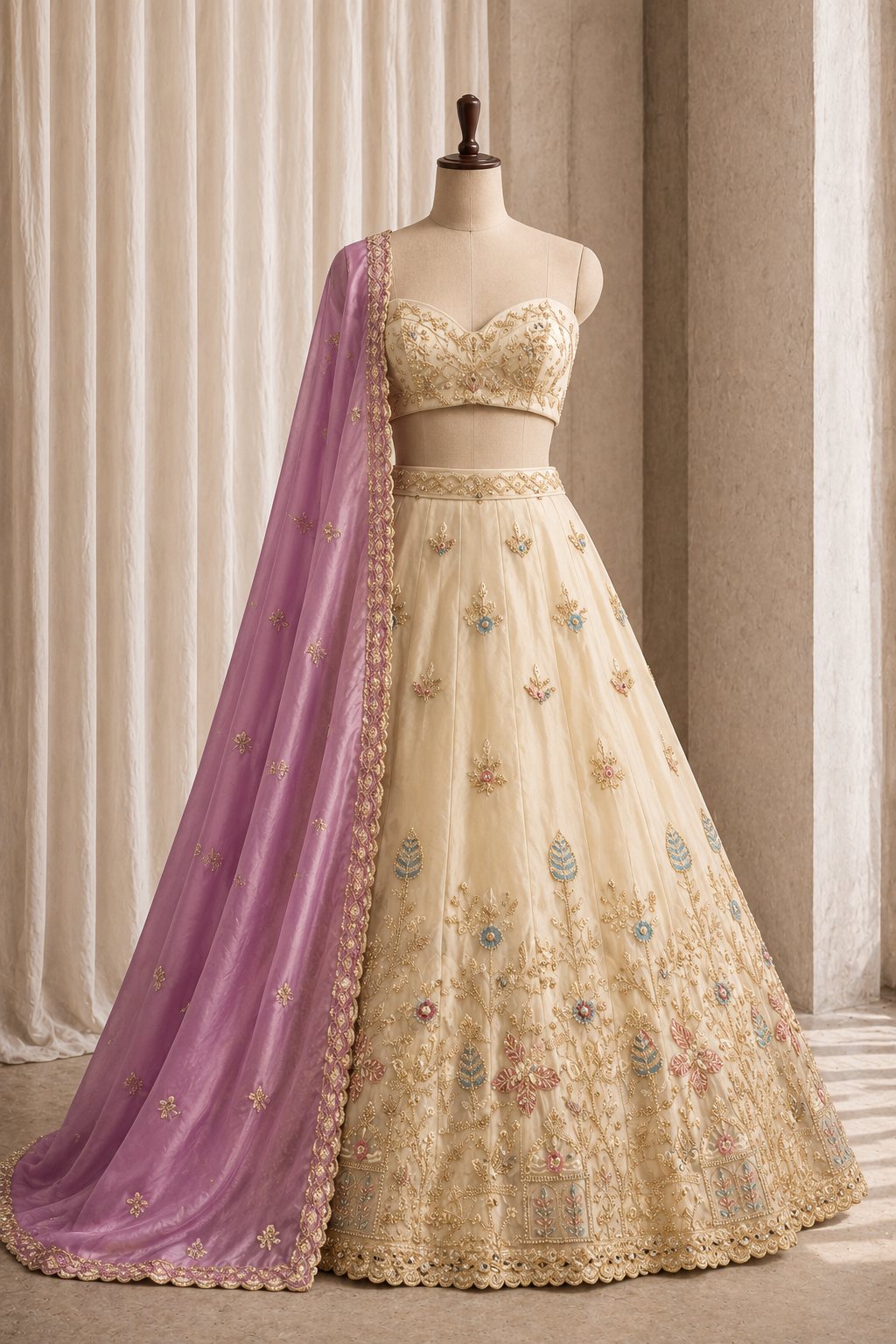 Trendy Ivory Color And Tissue Silk Fabric Cut Dana with Unstitch Lehenga
