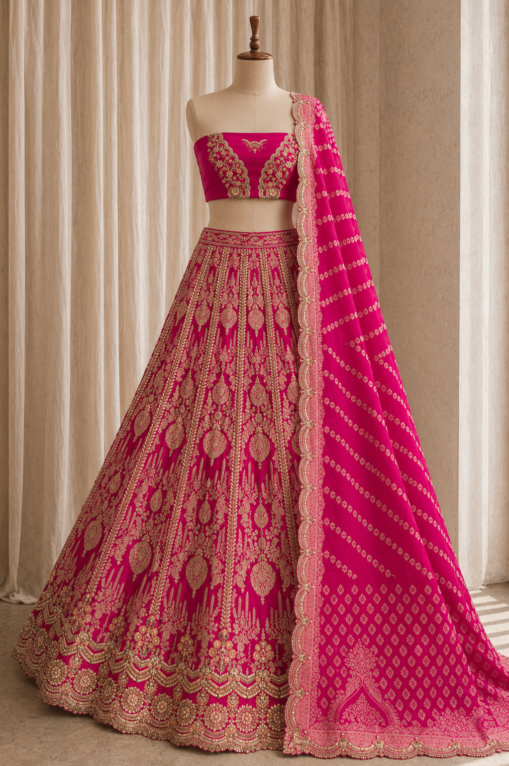 Fantabulous Rani Color And Brocade Silk Fabric Weaving Print with Unstitch Lehenga